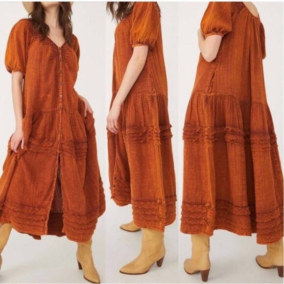 Free People Sunday Stroll Orange Bohemian cotton Maxi Dress 😍 - Picture 3 of 14